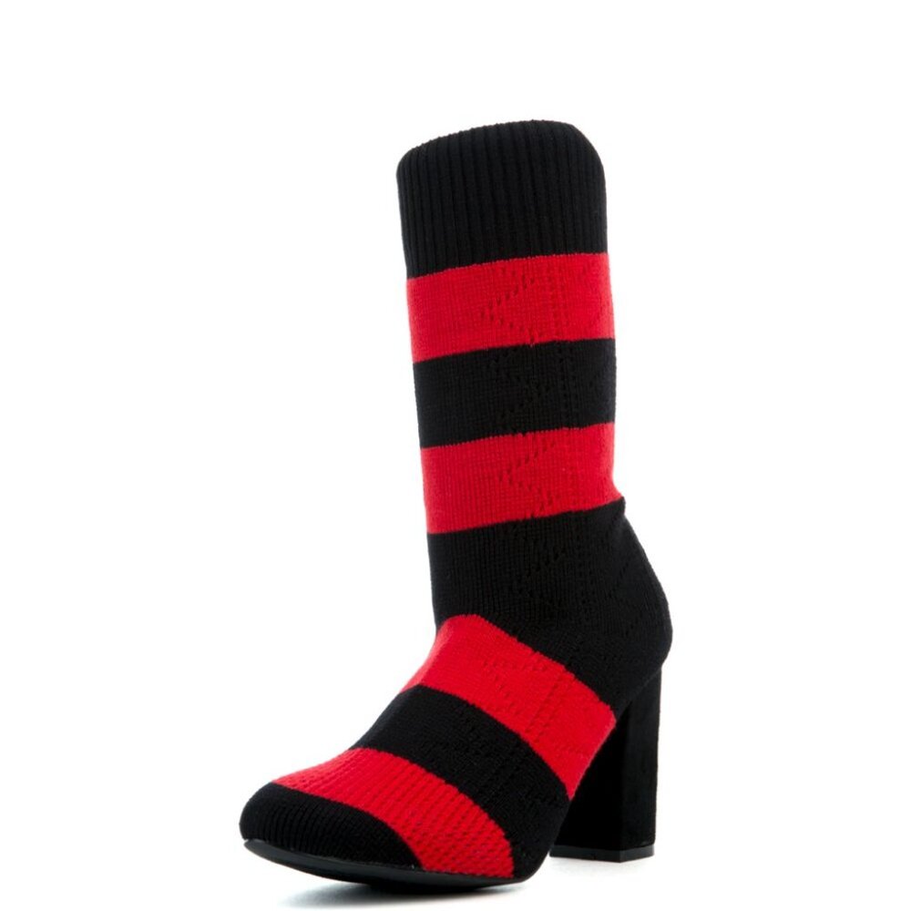 Cape Robbin Women's Black Red Perry-2 Knitted Mid-Calf Block Heel Boots Size 6.5